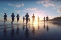 Beach Fitness Group of Runners Exercising on Seaside Trail at Dawn, AI Generative