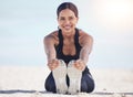 Beach, fitness and woman portrait stretching feet in nature for running, workout or body, exercise or wellness. Shoes Royalty Free Stock Photo