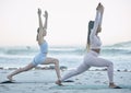 Beach, fitness and yoga women or friends stretching for workout, exercise and training with ocean for peace, calm and