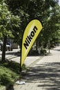 A beach flag in drop shape here used by Nikon brand to advertise