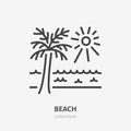 Beach flat line icon. Vector sign of sea, palm and sun, summer resort oline logo