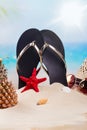 Beach flip flops, hat and sunglasses on the beautiful sandy beach near the ocean. Copy space Royalty Free Stock Photo