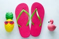 beach flip flops and squishy toy pineapple in sunglasses and flamingo on white background copy space Royalty Free Stock Photo