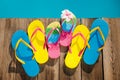 Beach flip-flops and sunglasses on wooden planks near swimming pool Royalty Free Stock Photo