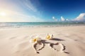 Beach with flowers and hearts.Honeymoon travel concept. from generative ai