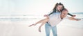 Beach, flying and father with girl, portrait and summer vacation with love. smile and bonding. Happy family, parent and Royalty Free Stock Photo