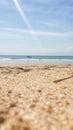 a beach with footprints in the sand and a boat in the distance, bali nusa penida