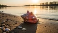 Beach in the foreground. A large conch shell prominently displayed Royalty Free Stock Photo