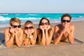 Beach friends together tourits portrait on the sand Royalty Free Stock Photo