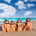 Beach friends together tourits portrait on the sand Royalty Free Stock Photo