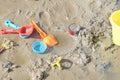 The beach is full of children`s toys. Royalty Free Stock Photo