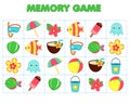 Beach fun Memory game for toddlers. Educational children game. Summer holidays theme Royalty Free Stock Photo