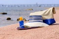 Beach gear on the sand overlooking the sea Royalty Free Stock Photo