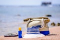 Beach gear on the sand overlooking the sea Royalty Free Stock Photo