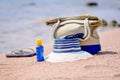 Beach gear on the sand overlooking the sea Royalty Free Stock Photo