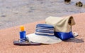 Beach gear on the sand overlooking the sea Royalty Free Stock Photo