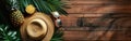 Beach Getaway: Vacation Essentials on Wooden Table with Ocean and Palm Trees in Background