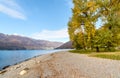 Beach of the Giona Park in Maccagno in the autumn season, Maccagno Inferiore, Varese, Italy Royalty Free Stock Photo