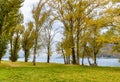 Beach of the Giona Park in Maccagno in the autumn season, Maccagno Inferiore, Varese, Italy Royalty Free Stock Photo