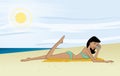 Tan Sunbathing Girl at the Beach Talking on Her Phone Vector Illustration Cartoon Royalty Free Stock Photo