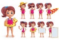 Beach girl vector character set. Summer girl doing outdoor beach activities like swimming