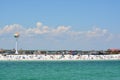 Beach goers at Pensacola Beach in Escambia County, Florida on the Gulf of Mexico, USA