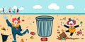 Beach goers clown throwing rubbish everywhere vector graphics illustration