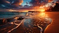 The beach in the golden rays of sunset, where the water of the ocean seems fiery, and the reflecti