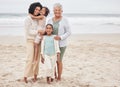 Beach, grandma or portrait of mom with happy kids in nature on family holiday vacation in New Zealand. Travel, hug or