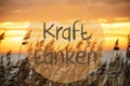 Beach Grass At Sunrise Or Sunset, Text Kraft Tanken Means Relax Royalty Free Stock Photo