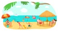 Beach happy summer family vacation at sea, vector illustration. Fun father mother girl boy people travel at holiday Royalty Free Stock Photo