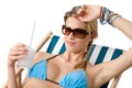 Beach - Happy woman in bikini with cold drink