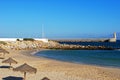 Beach and harbour entrance, Tarifa, Spain.