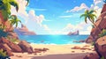 The beach has sand and palm trees, calm water with rocks, and a blue sky with clouds. Cartoon tropical summer landscape