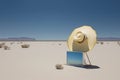 beach hat on the backdrop of a deserted shore with sand, the concept of summer minimalism AI generation