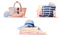 Beach hat, beach bag cover, sunglasses, sun cream, towel, slippers. Set of summer illustrations with beach things