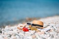 Beach hat on opened book with sunscreen and shoes on pebble beach Royalty Free Stock Photo