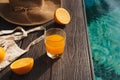 Beach hat, orange juice and sunglasses near the swimming pool Royalty Free Stock Photo