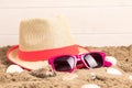 Beach hat with sunglasses and shellfish Royalty Free Stock Photo