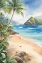 The beach of Hawaii with natural lights, a flattering effects, palm tree, sands, flower, sea, beautiful sky, printable, nature