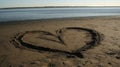 Beach heart drawing, river background, romantic gesture Royalty Free Stock Photo