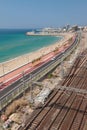 Beach, highway and railroad along sea coast. Tarragona, Spain Royalty Free Stock Photo