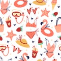 Beach holiday clothes and accessories seamless vector pattern. Attributes of summer vacation female - swimsuit, hat, diving mask