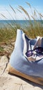 Beach holiday concept. Blue beach bag and sunglasses