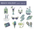 Beach holiday vector line icons.