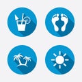 Beach holidays icons. Cocktail, human footprints