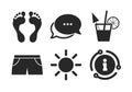 Beach holidays icons. Cocktail, human footprints. Vector Royalty Free Stock Photo