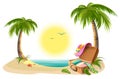 Beach holidays on summer vacations. Tropical sun, sea, palm trees, sand and open suitcase Royalty Free Stock Photo