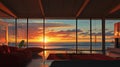 A beach house with large windows overlooking the ocean at sunset Royalty Free Stock Photo