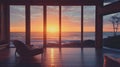 A beach house with large windows overlooking the ocean at sunset Royalty Free Stock Photo